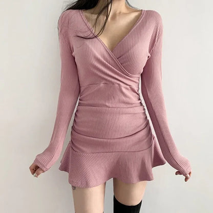 Julia Fashion - Package Hips Split Knitted Long Sleeve Bodycon Mini Dress