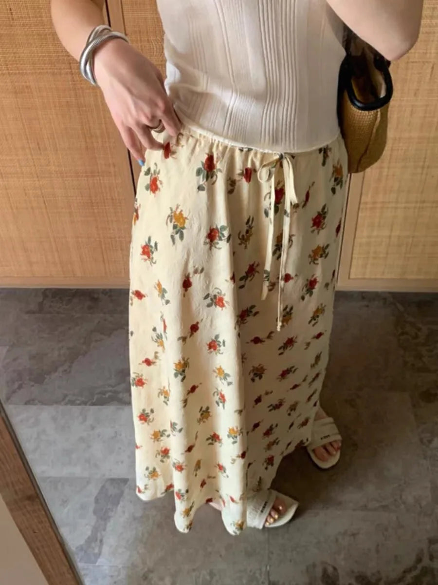 2024 Boho Maxi Skirt High Waist Floral Printed Hippie Rose Chic