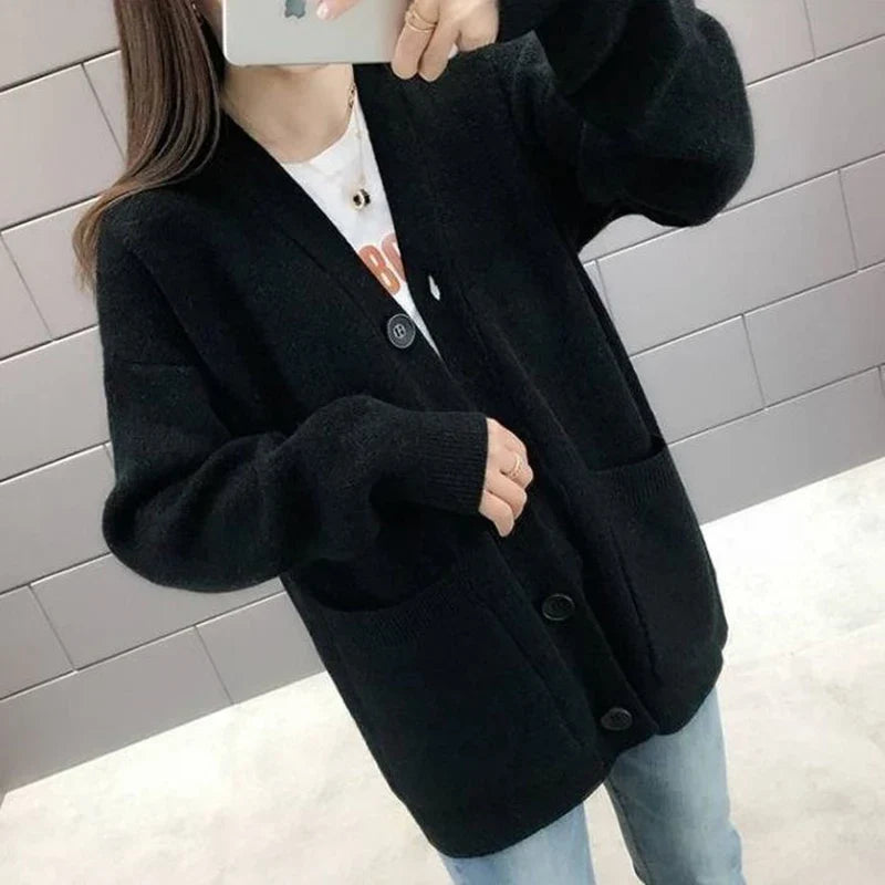 Lazy Wind Yellow Single-Breasted Knit Cardigan Black / One Size cardiagn-250126