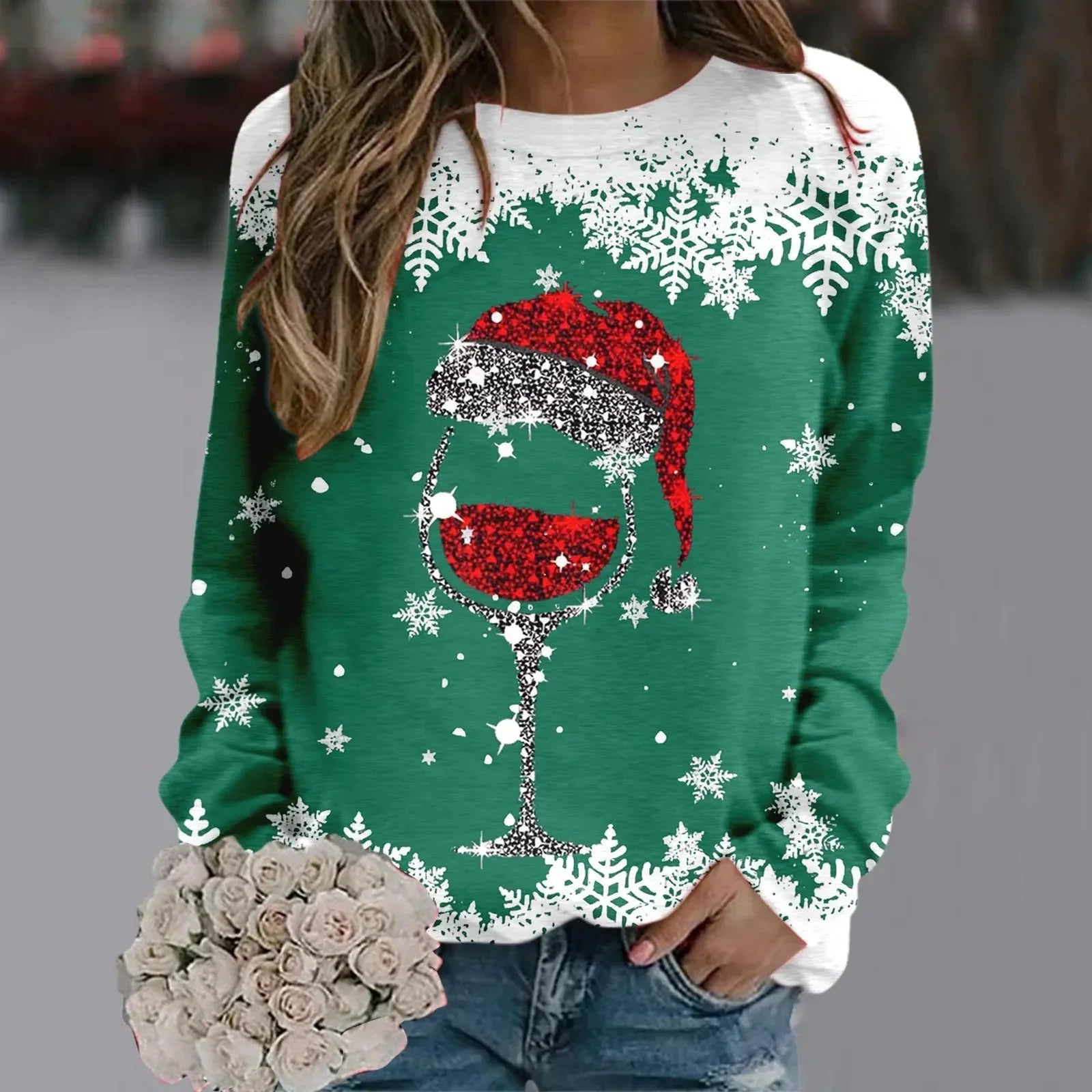Cute Reindeer Graphic Long Sleeve Sweatshirt New Year Christmas Sweater 1-Green / S Sweaters-L