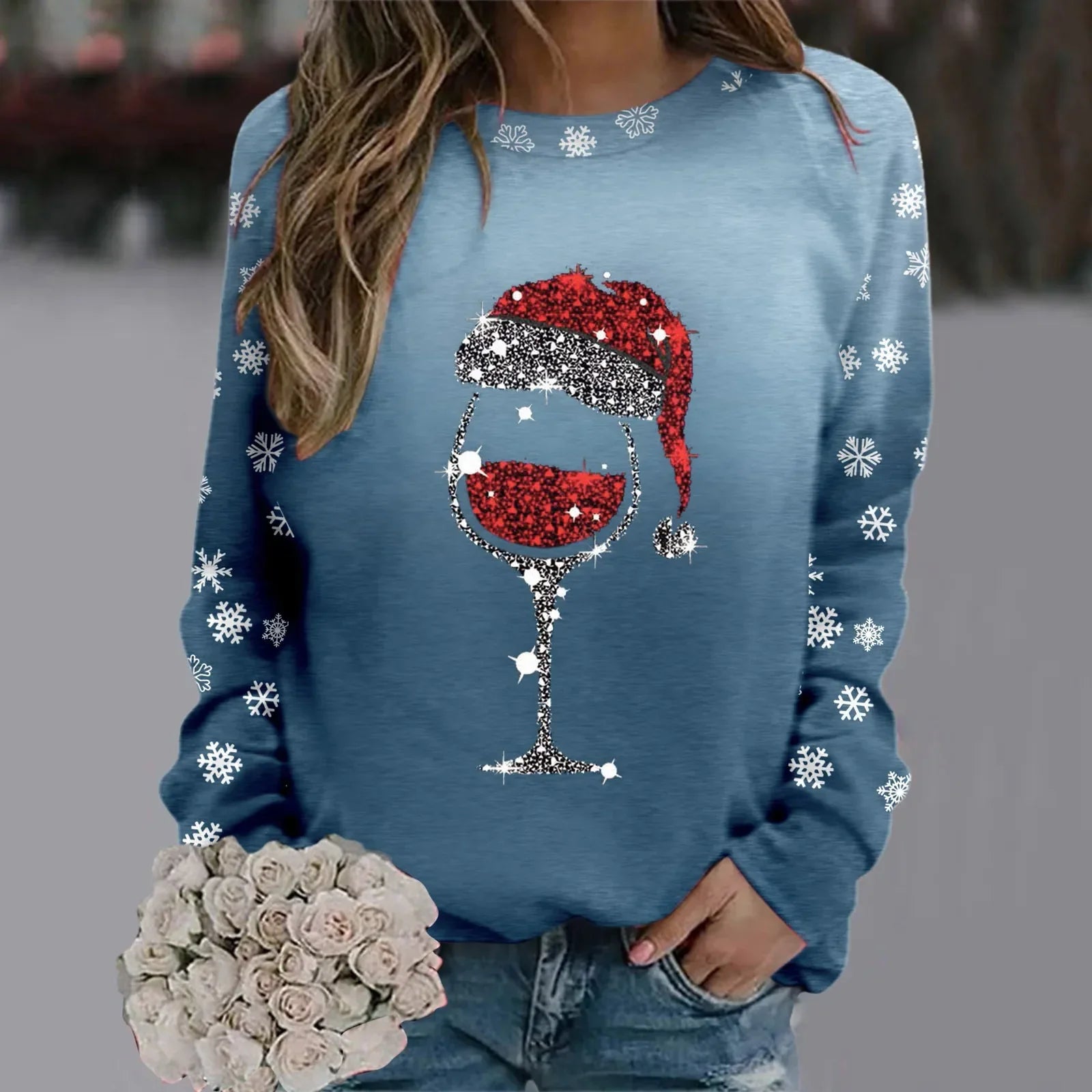 Cute Reindeer Graphic Long Sleeve Sweatshirt New Year Christmas Sweater 2-Blue / S Sweaters-L