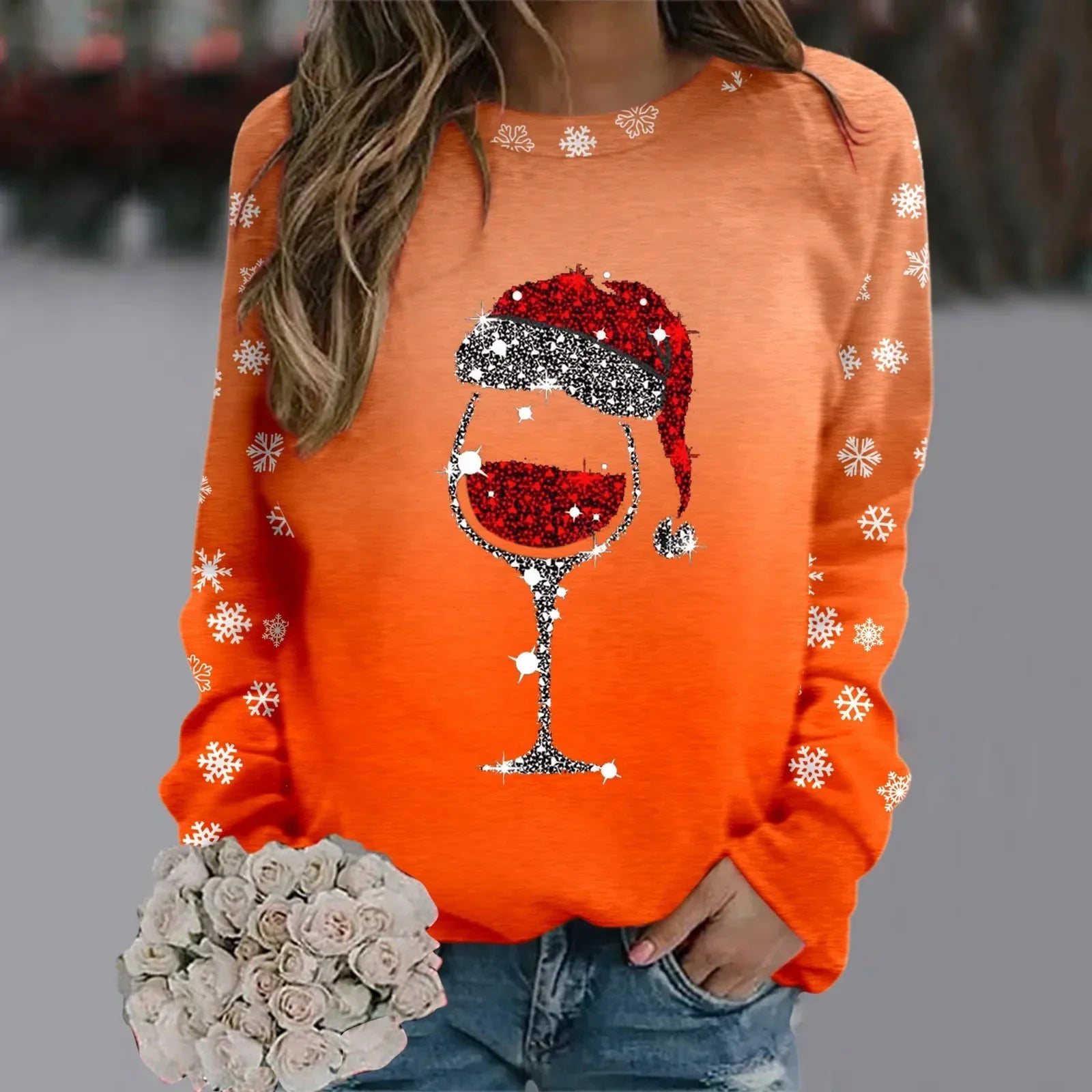 Cute Reindeer Graphic Long Sleeve Sweatshirt New Year Christmas Sweater 2-Orange / S Sweaters-L