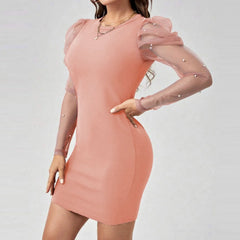 JuliaFashion - 2024 Elegant Mesh Long Sleeve Bodycon For Women Fashion Party Solid Color Round Neck Slim Fit Hip Cocktail Dress