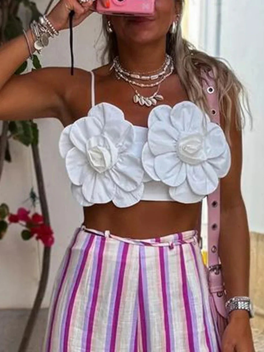 Y2K Open Back 3D Flower Sleeveless Crop Top WHITE / S croptop-250126