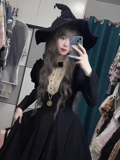 New Gothic Punk Dark Lolita Vintage Black Long Bubble Sleeve Waist Cinched Autumn Winter Dress