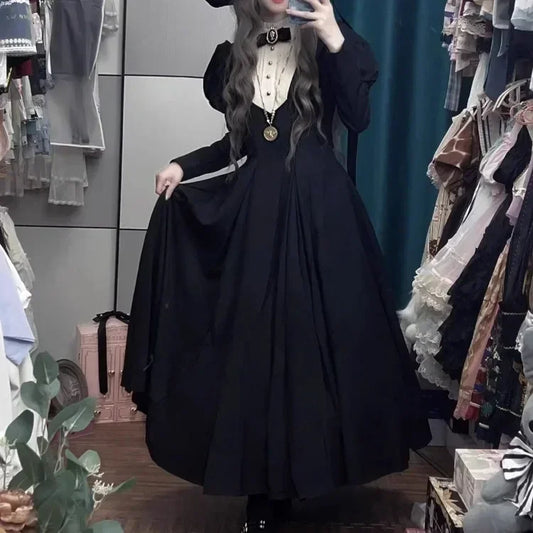 New Gothic Punk Dark Lolita Vintage Black Long Bubble Sleeve Waist Cinched Autumn Winter Dress