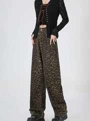 2024 New Leopard Print Wide Leg Women High Waisted Fashion Streetwear Retro Y2K Denim Baggy Casual