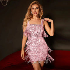 Julia Fashion - Fringe Beaded Bodycon Mini Dress
