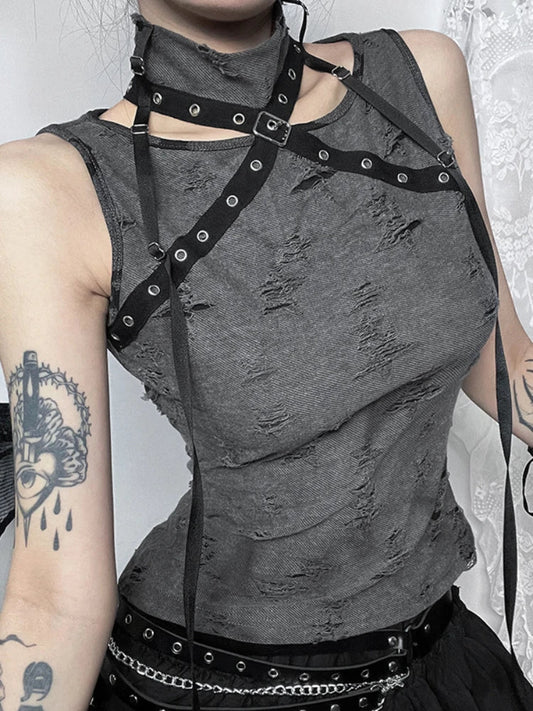 Vintage Gothic Print Retro Punk Sexy Sleeveless Five Pointed Crop Top