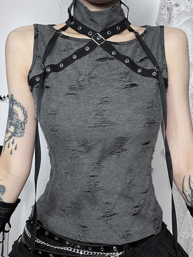 Vintage Gothic Print Retro Punk Sexy Sleeveless Five Pointed Crop Top