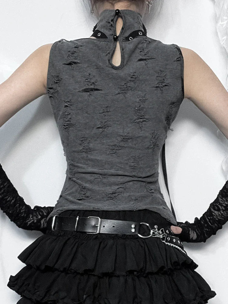 Vintage Gothic Print Retro Punk Sexy Sleeveless Five Pointed Crop Top