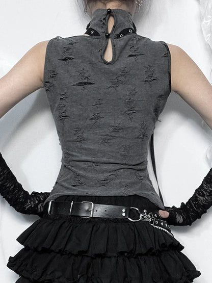 Vintage Gothic Print Retro Punk Sexy Sleeveless Five Pointed Crop Top