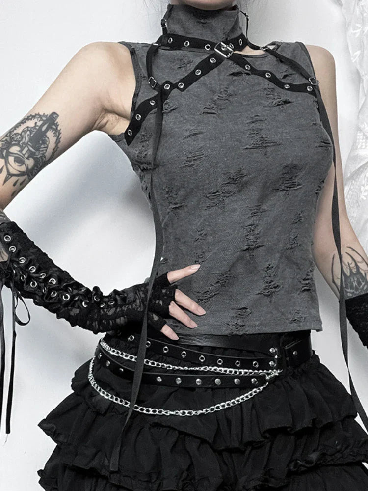 Vintage Gothic Print Retro Punk Sexy Sleeveless Five Pointed Crop Top