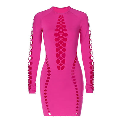 Julia Fashion - Solid Color Puss Sexy Hollow Long Sleeve Form-fitting Mini Dress