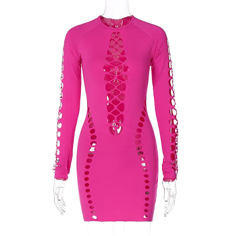 Julia Fashion - Solid Color Puss Sexy Hollow Long Sleeve Form-fitting Mini Dress
