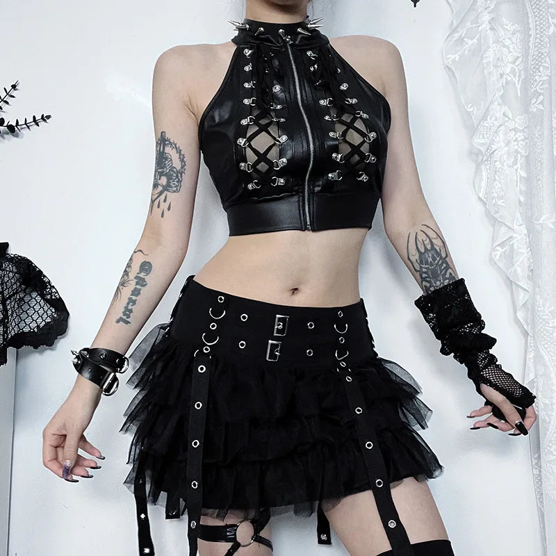 Sexy Hollowed Gothic Lace Up Bandage Y2k Crop Top