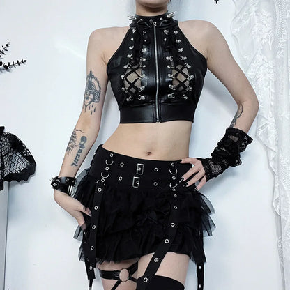 Sexy Hollowed Gothic Lace Up Bandage Y2k Crop Top