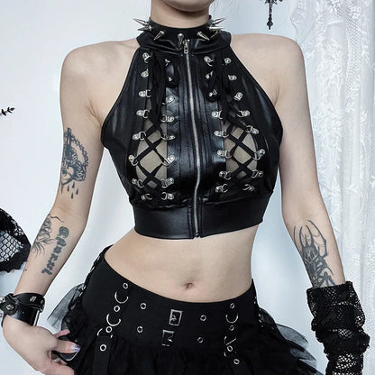 Sexy Hollowed Gothic Lace Up Bandage Y2k Crop Top