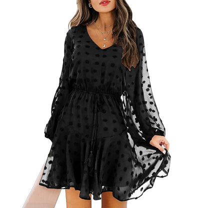 JuliaFashion - 2024 Spring Elegant Chiffon Women Casual Long Sleeve V Neck Dot Lace-Up Woman Fashion Mesh Ruffles Party Dress