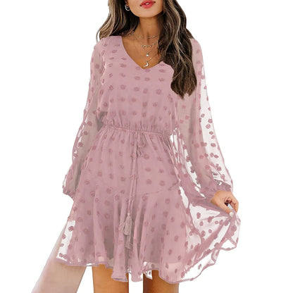 JuliaFashion - 2024 Spring Elegant Chiffon Women Casual Long Sleeve V Neck Dot Lace-Up Woman Fashion Mesh Ruffles Party Dress