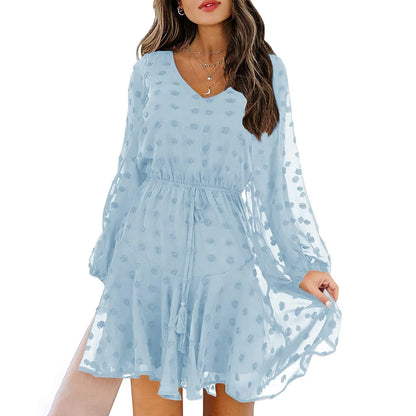 JuliaFashion - 2024 Spring Elegant Chiffon Women Casual Long Sleeve V Neck Dot Lace-Up Woman Fashion Mesh Ruffles Party Dress