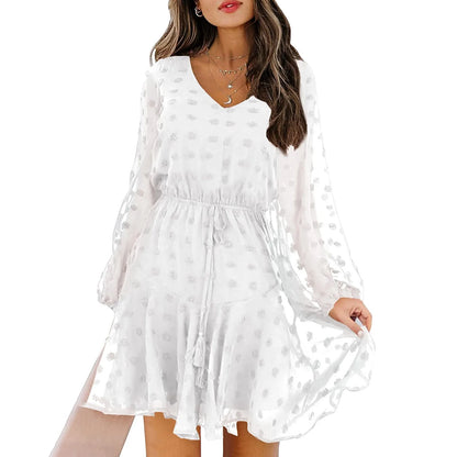 JuliaFashion - 2024 Spring Elegant Chiffon Women Casual Long Sleeve V Neck Dot Lace-Up Woman Fashion Mesh Ruffles Party Dress