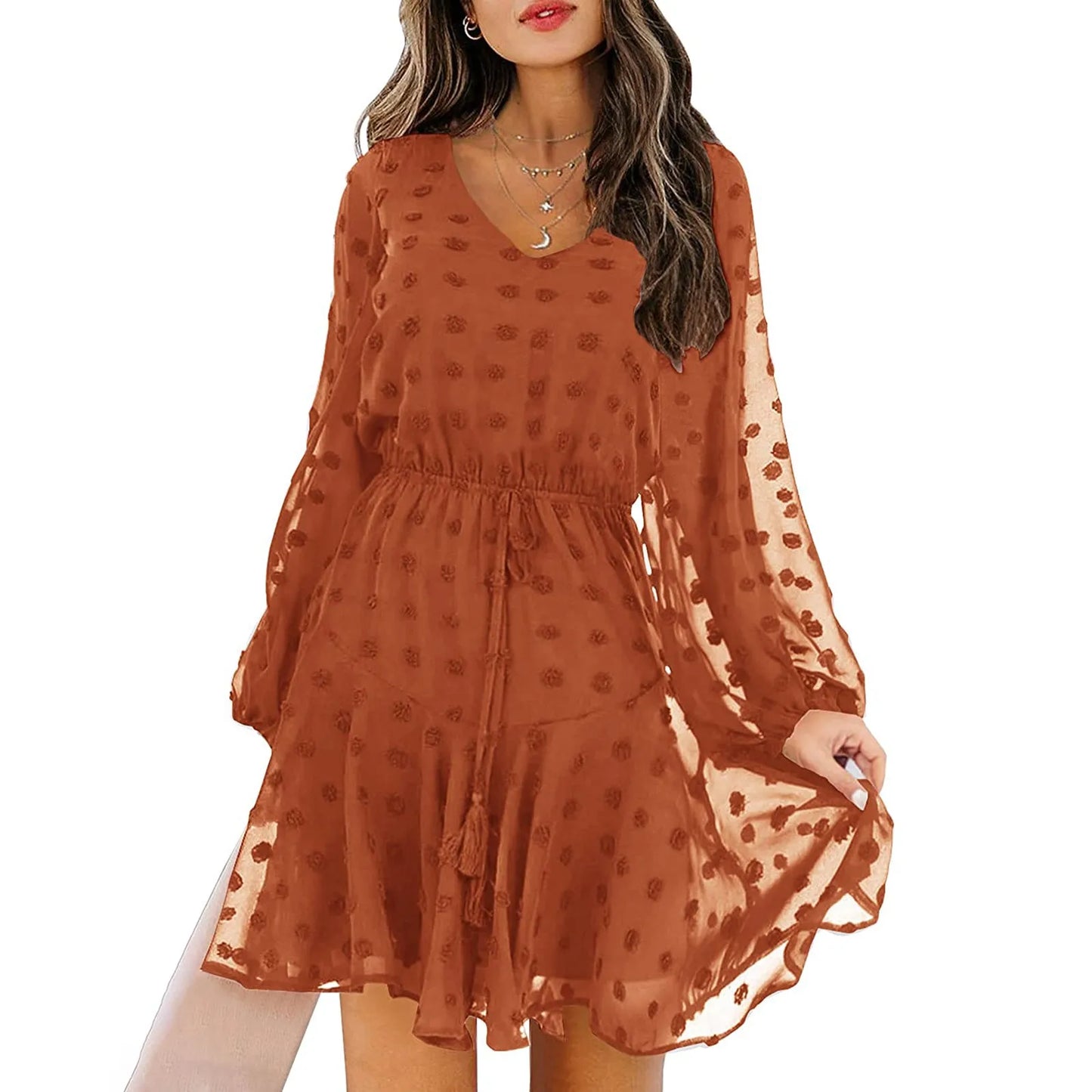 JuliaFashion - 2024 Spring Elegant Chiffon Women Casual Long Sleeve V Neck Dot Lace-Up Woman Fashion Mesh Ruffles Party Dress