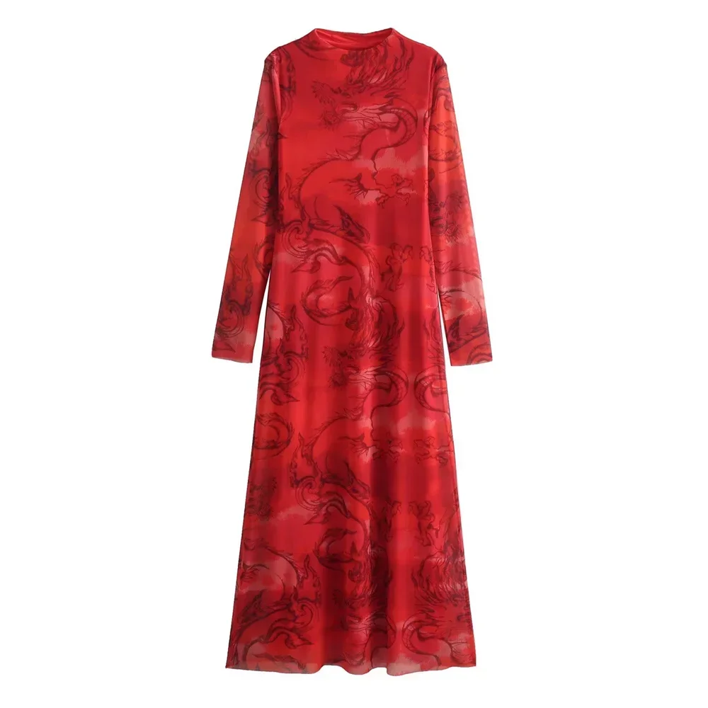 Versatile Limited Printed Screen Dress Women’s Fashion Style Year Loong Christmas Party Dresses-L