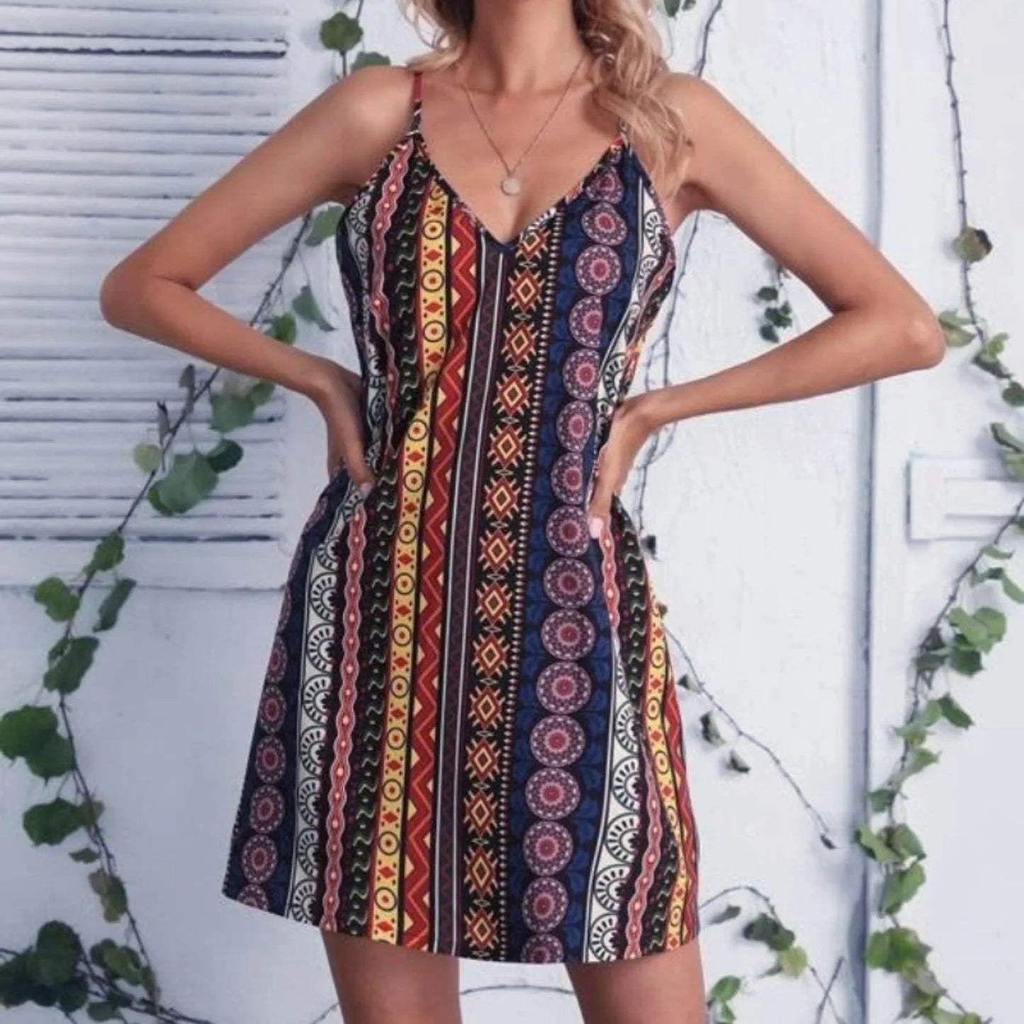 JuliaFashion - 2024 Summer Spaghetti Strap Floral Fashion Casual V Neck Sleeveless Mini Sexy Backless Party Clubwear Dress