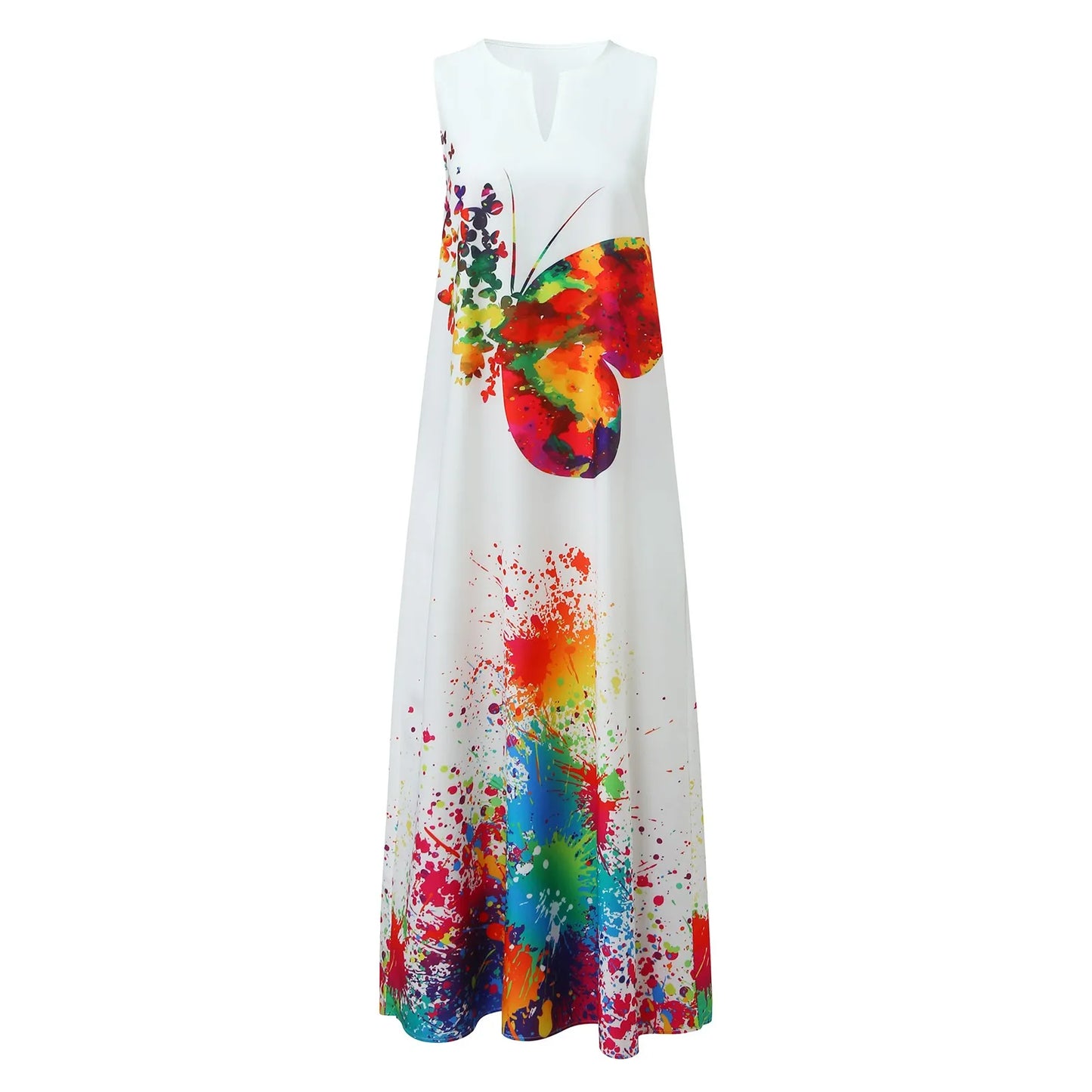 JuliaFashion - 2024 Summer Vintage Abstract Print Maxi Women Retro Casual Loose V Neck Sleeveless Pocket Beach Boho Lady Long Robe Dress