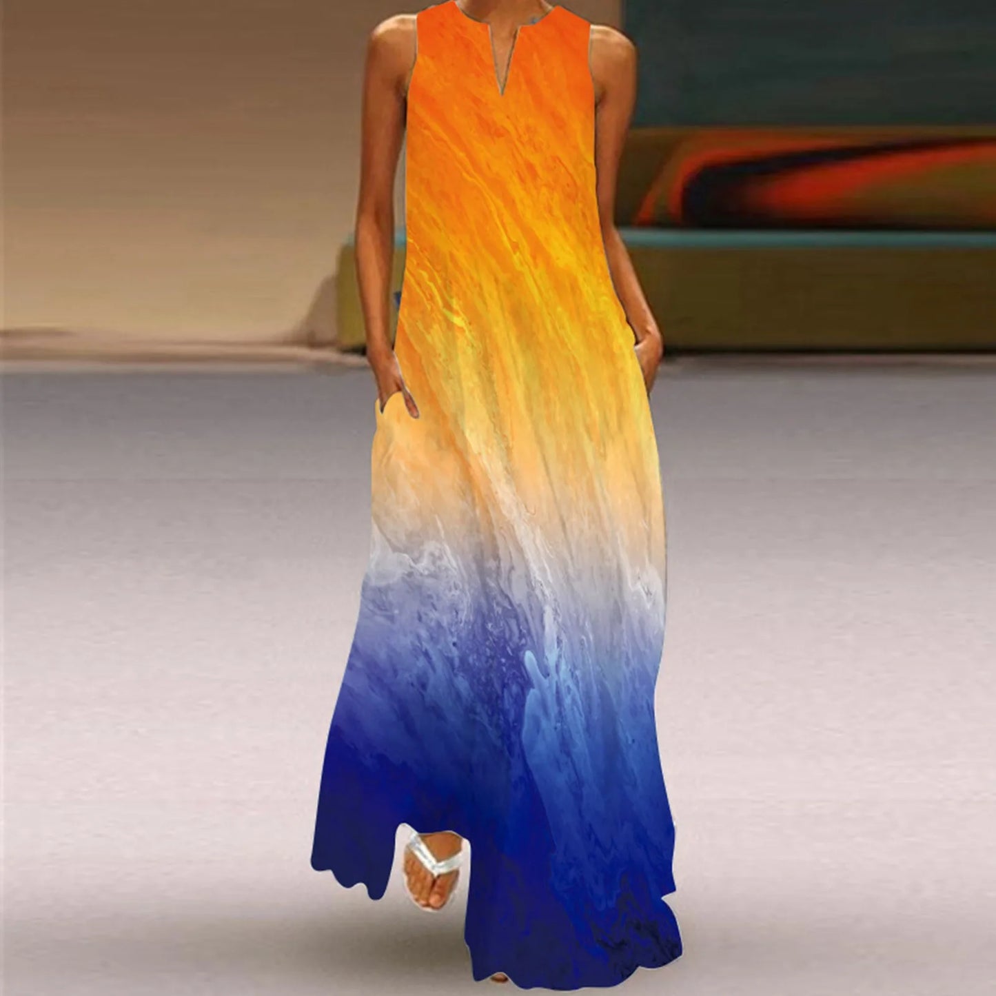 JuliaFashion - 2024 Summer Vintage Abstract Print Maxi Women Retro Casual Loose V Neck Sleeveless Pocket Beach Boho Lady Long Robe Dress