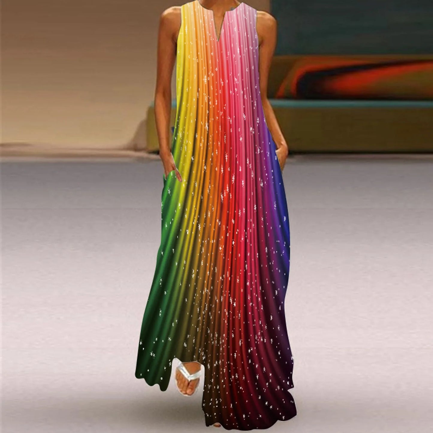 JuliaFashion - 2024 Summer Vintage Abstract Print Maxi Women Retro Casual Loose V Neck Sleeveless Pocket Beach Boho Lady Long Robe Dress
