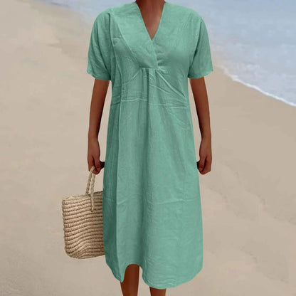 JuliaFashion - 2024 Summer Women New Fashion Solid Color V Neck Versatile Loose Short Sleeve Long Female Casual Vestidos Robe Dress