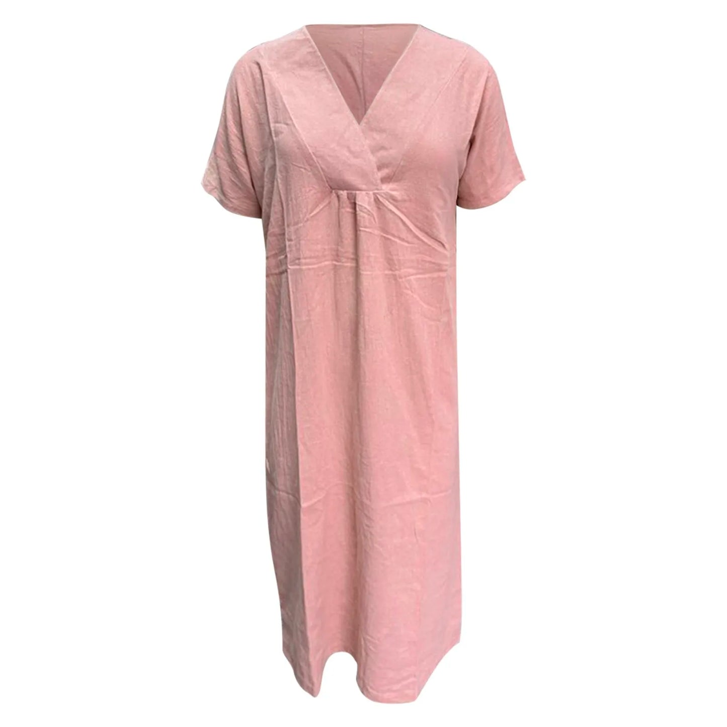 JuliaFashion - 2024 Summer Women New Fashion Solid Color V Neck Versatile Loose Short Sleeve Long Female Casual Vestidos Robe Dress