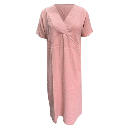 JuliaFashion - 2024 Summer Women New Fashion Solid Color V Neck Versatile Loose Short Sleeve Long Female Casual Vestidos Robe Dress