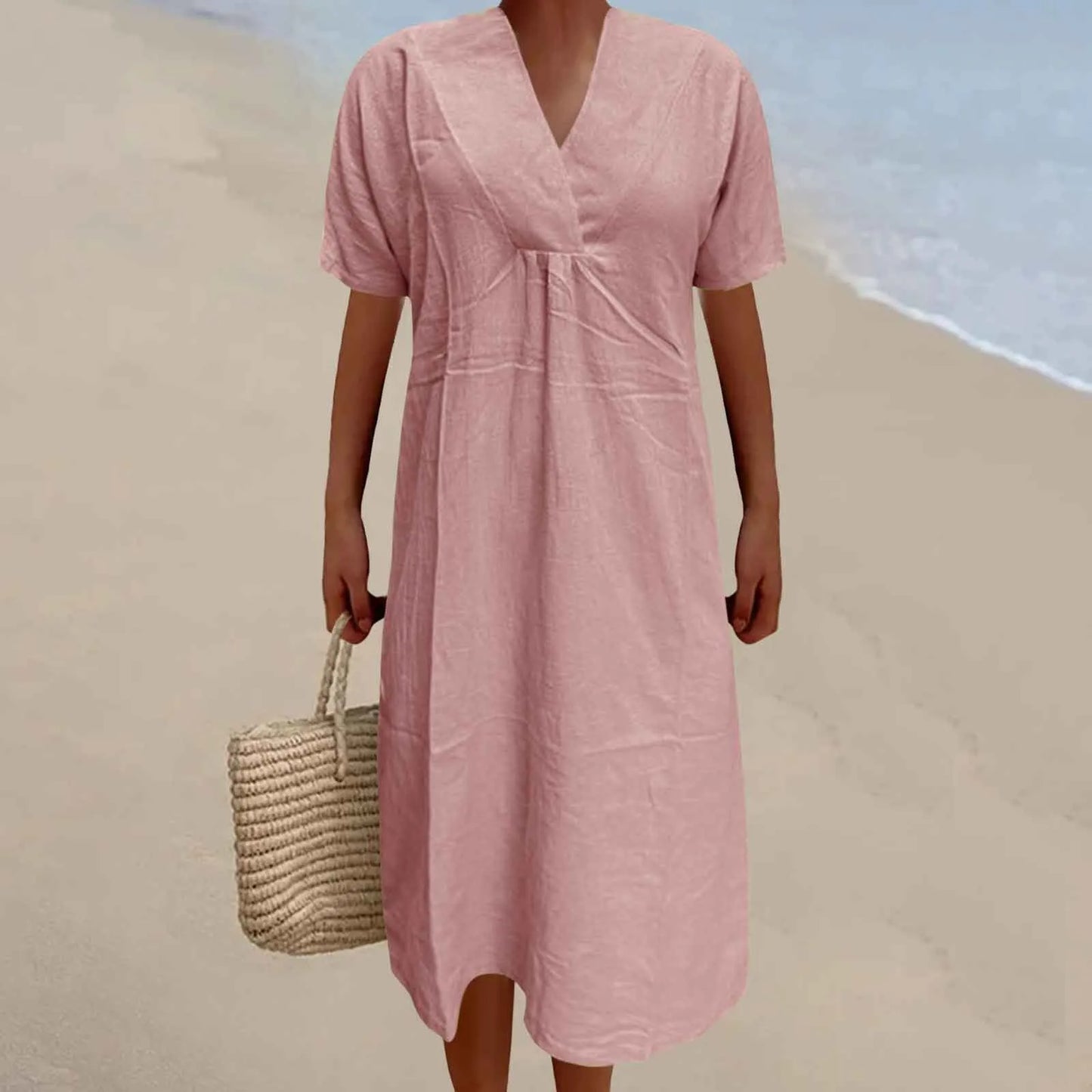 JuliaFashion - 2024 Summer Women New Fashion Solid Color V Neck Versatile Loose Short Sleeve Long Female Casual Vestidos Robe Dress