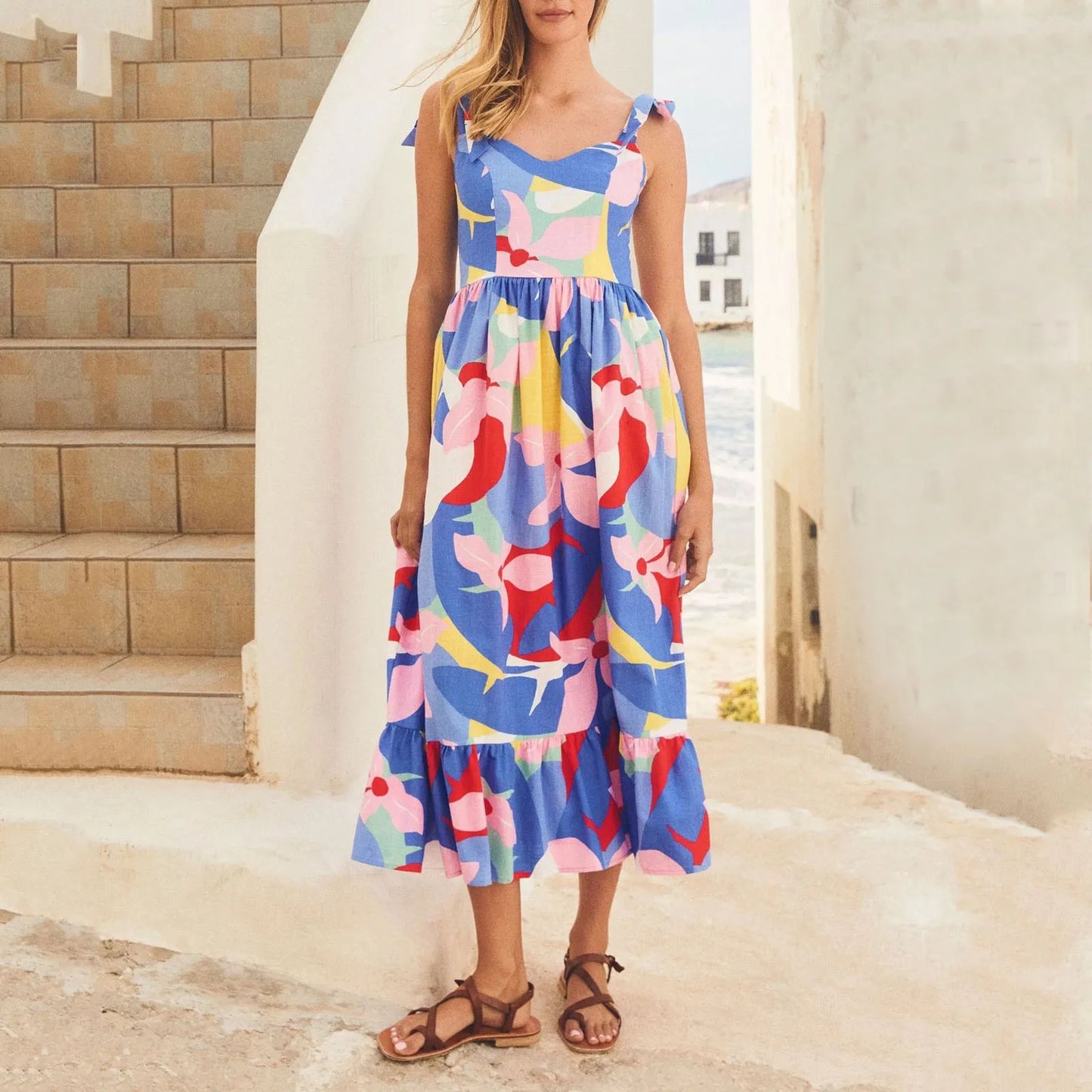 JuliaFashion - 2024 Summer Women's Fashion Print Strap Maxi Sleeveless A-Line Mid Waist Party Beach Casual Boho SunVestidos Dress