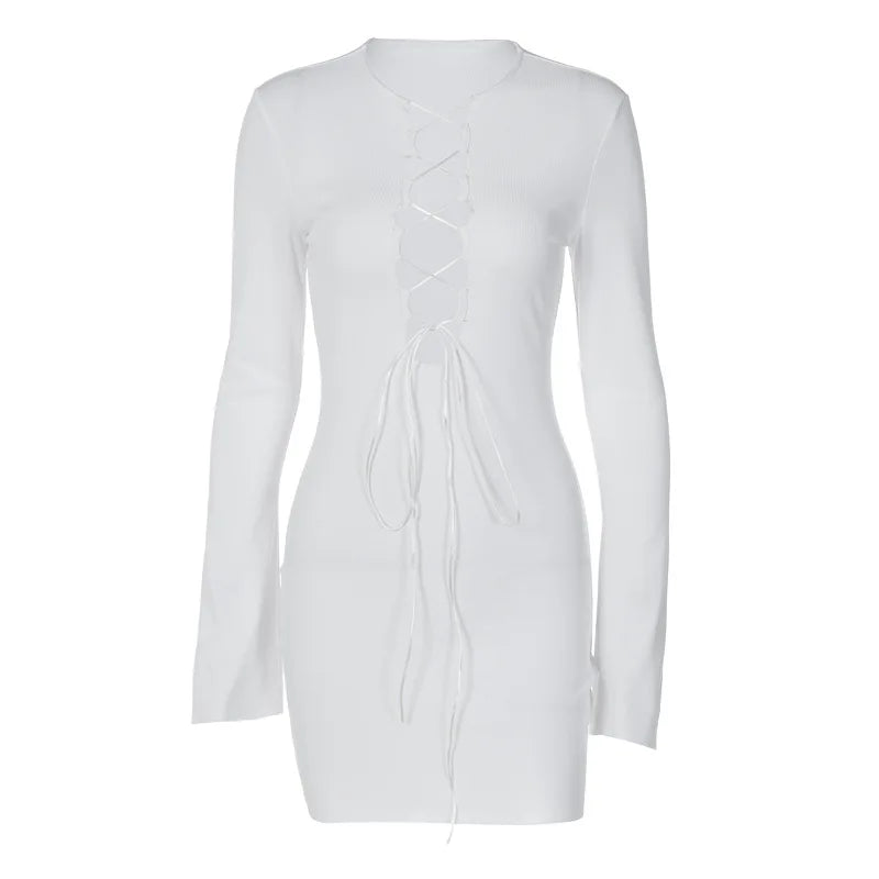 Julia Fashion - Pure Color Slim Lace-up Flared Long-sleeved Bodycon Elegant Women's Mini Dress