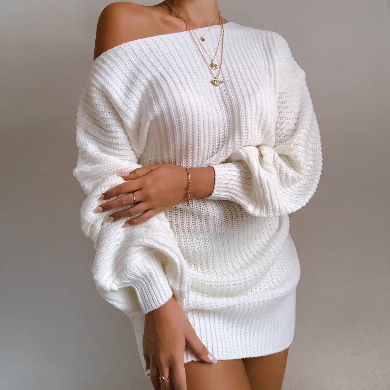 Julia Fashion - Long Sleeve Backless Casual Knitting Dissymmetry Sexy Outfits Mini Dress