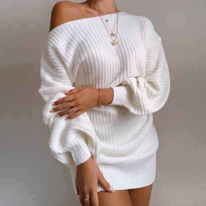 Julia Fashion - Long Sleeve Backless Casual Knitting Dissymmetry Sexy Outfits Mini Dress