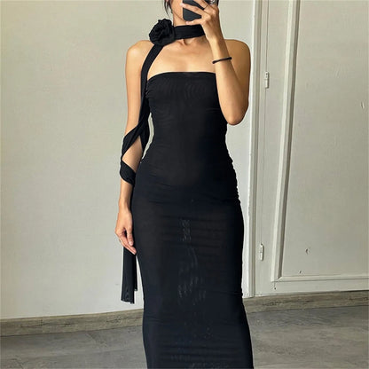 JuliaFashion - 2024 Women Summer Mesh Strapless Party Sexy Slim See Through Backless Sleeveless Long Elegant Sexy Club Dress