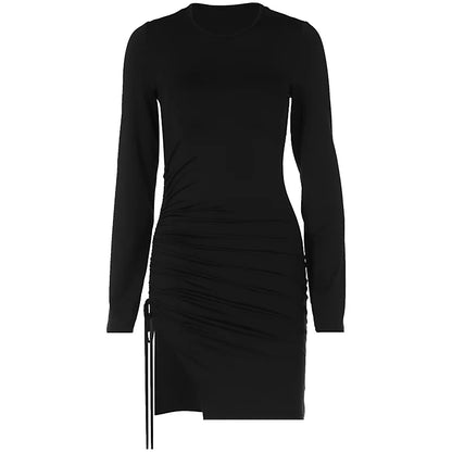 Julia Fashion - Solid Color Slim-fit Long Sleeve Pleated Slit Maxi Elegant Women's Mini Dress