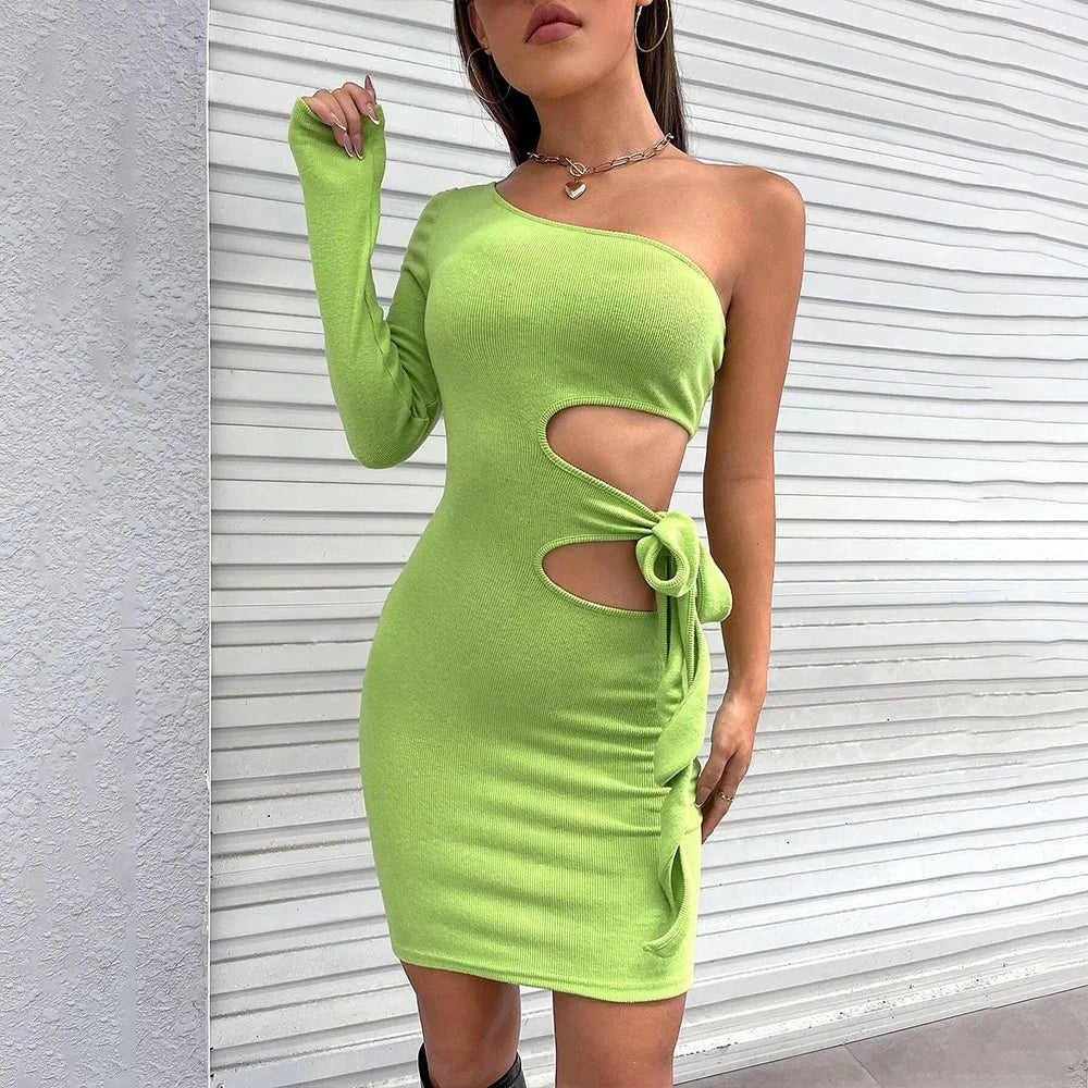 Julia Fashion - Hollow Lacing Oblique Shoulder Bodycon Party Club Women's Mini Dress