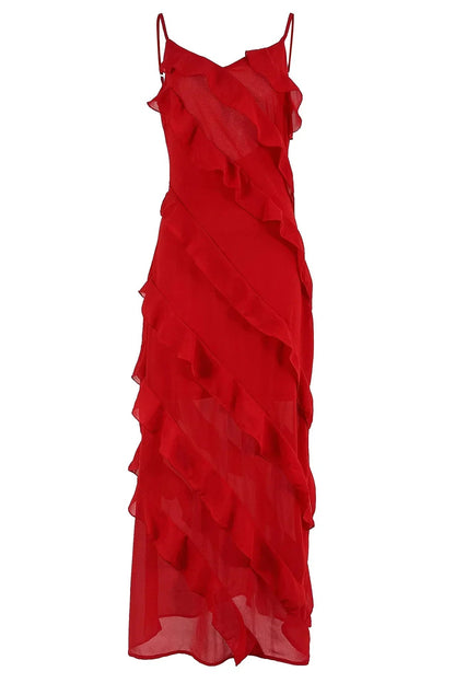 Ruffles Chiffon Backless Split Maxi Red Christmas Party Dress