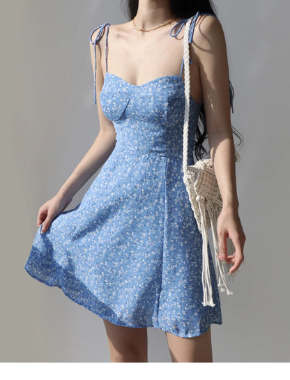 Julia Fashion - Retro Blue Lace Floral A-line Holiday Women's Mini Dress