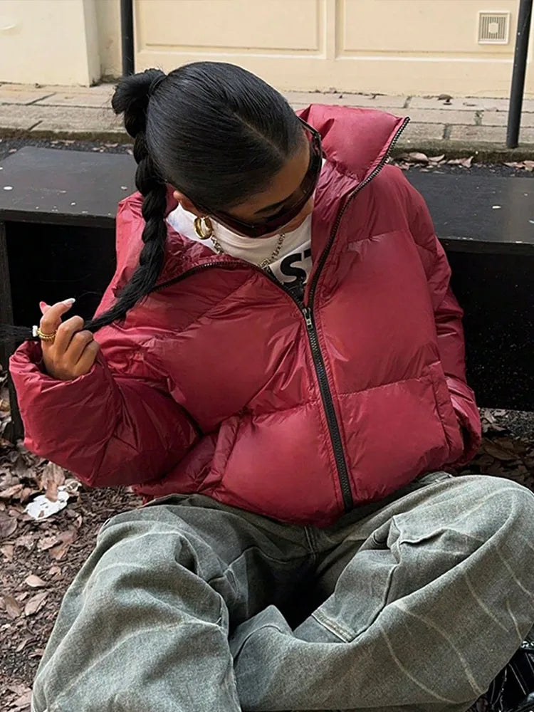 Solid Front Zipper Cotton Coat Coats-241208