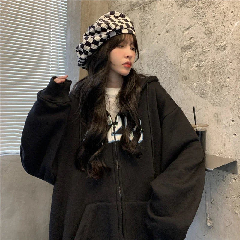 2024 Autumn Winter Oversized Solid Zip Up Hoodie