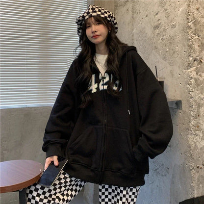 2024 Autumn Winter Oversized Solid Zip Up Hoodie