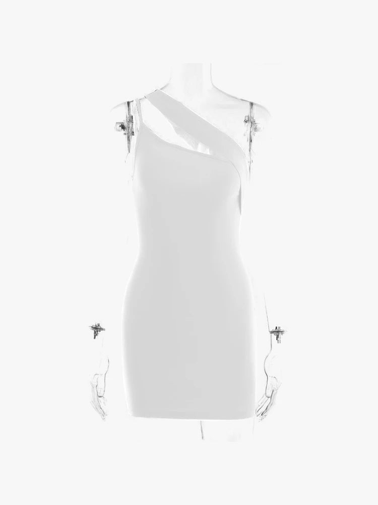 Julia Fashion - Solid Sexy Hollow Oblique-shoulder New Slim Package-hip Mini Dress