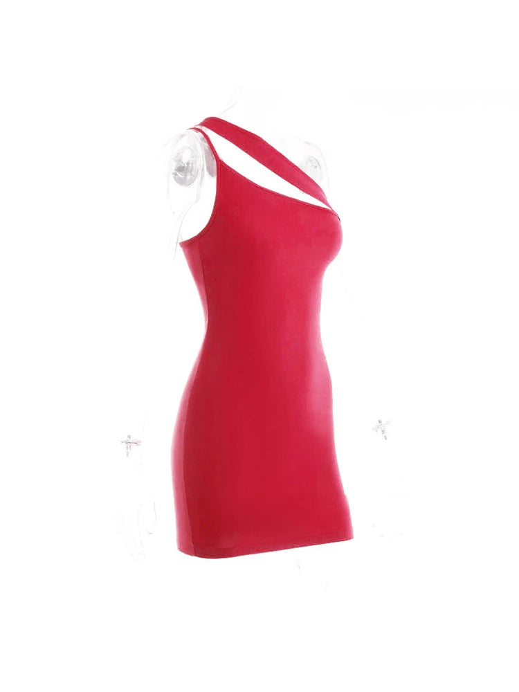 Julia Fashion - Solid Color Sexy Hollow Oblique Shoulder New Design Mini Dress